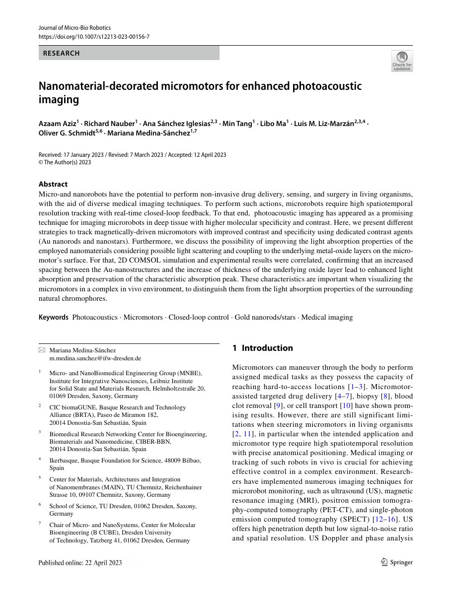 Nanomaterial-decorated micromotors for enhanced photoacoustic imaging &mdash; Journal of Micro-Bio Robotics 2023