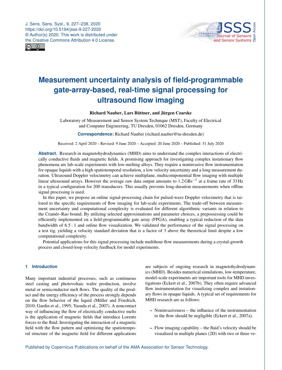 Measurement uncertainty analysis of FPGA-based real-time signal processing for ultrasound flow imaging &mdash; JSSS 2020